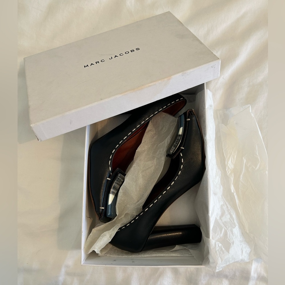Marc Jacobs block black leather heel with stone detail